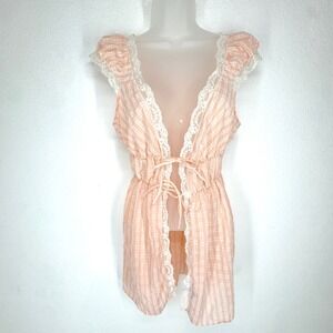 Vintage Texsheen Peach Plaid Lace Trim Tie Front Cardigan Top Medium Coquette